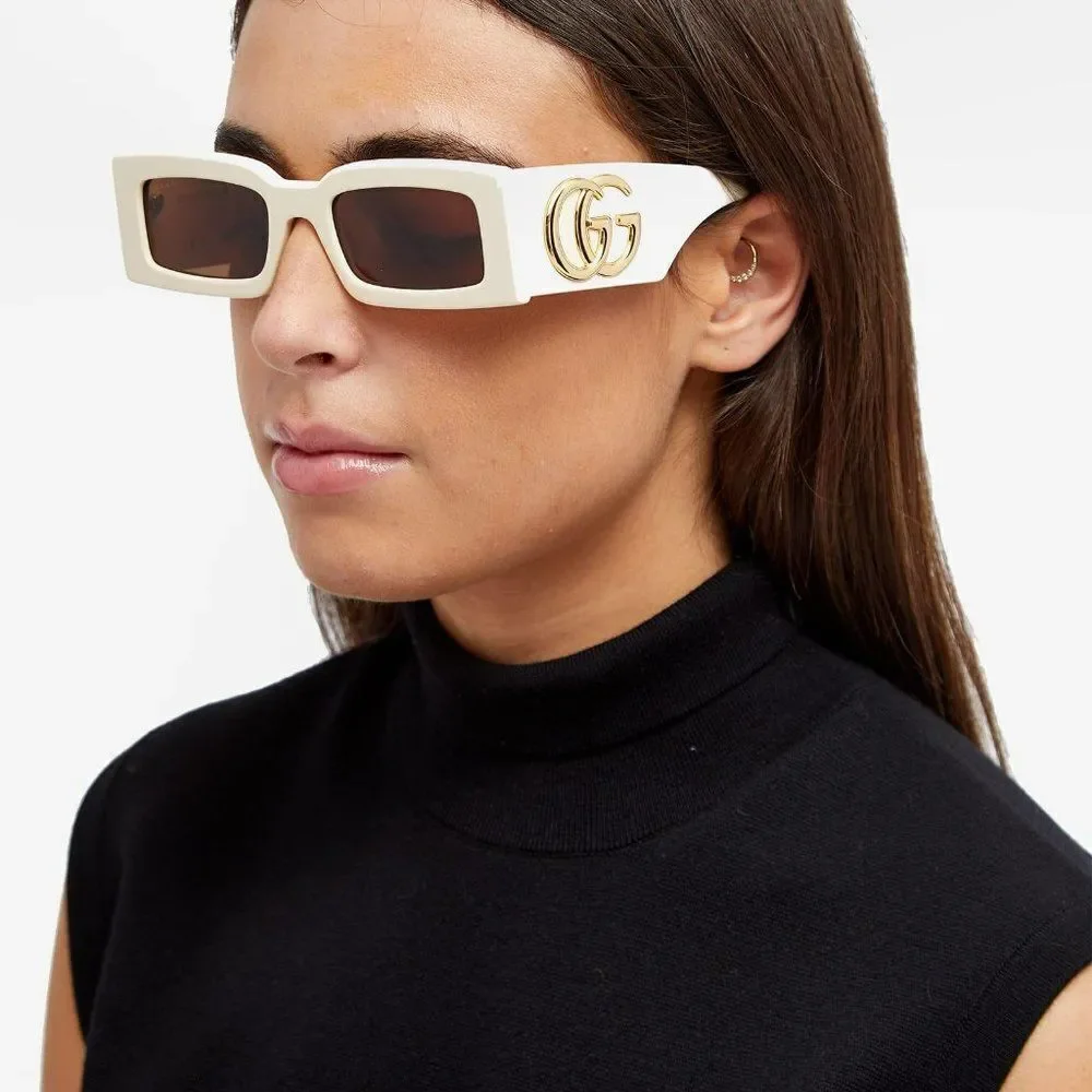 NEW Gucci GG1425S 004 Ivory Brown Rectangle Unisex Sunglasses GG 1425S